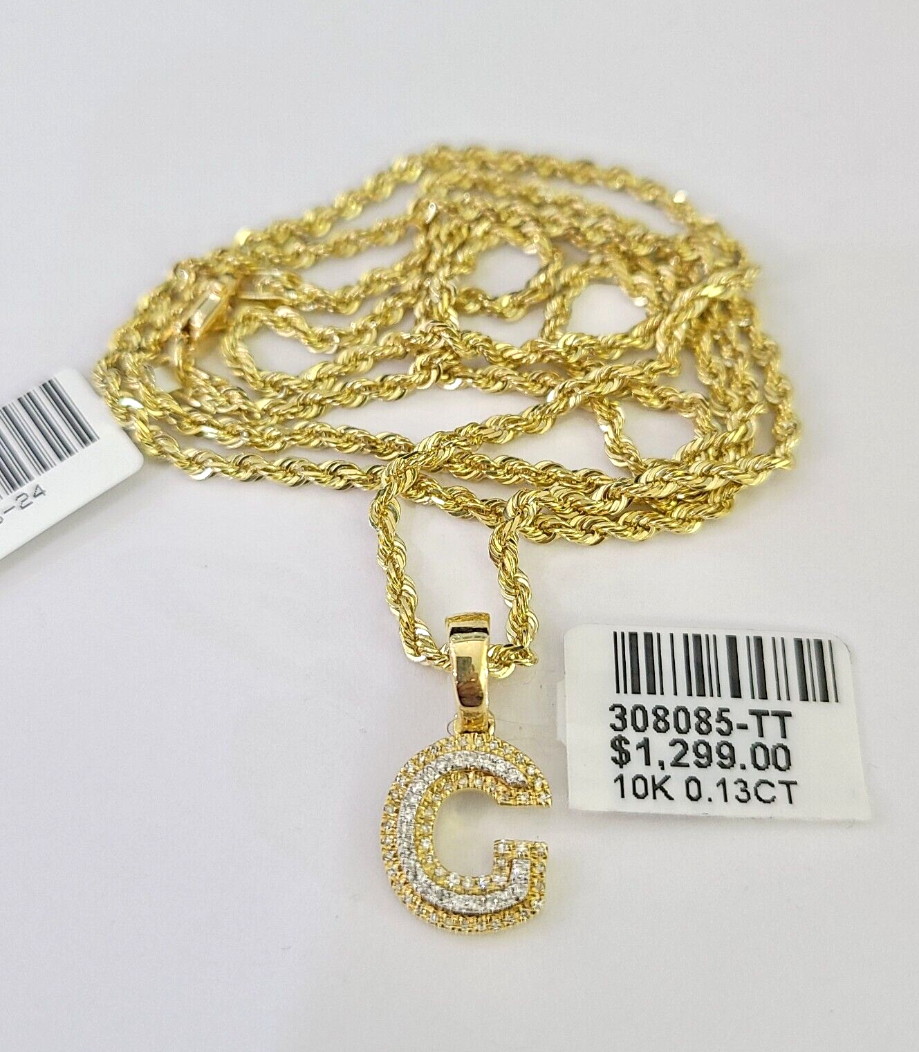 10k Solid Rope Chain 2mm G Initial Diamond Pendant Charm Necklace SET 18-22 in